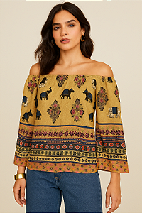 Blusa Bata Ombro a Ombro Estampa Étnica com Elefantes - ZINCO