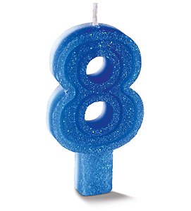 Vela de Aniversário Siba Número 8 Plus Cor Azul com Glitter Unidade