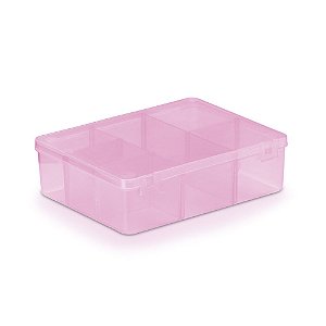 Caixa Plástica Com 6 Divisórias Cor Rosa Transparente 12cm x 9,5cm x 3cm Unidade