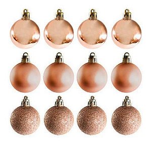 Enfeite Bolas De Natal de Plástico Mista (fosca/ lisa/ glitter) 5cm Champanhe R.KX9687 Kit com 12 Bolas Decorativas