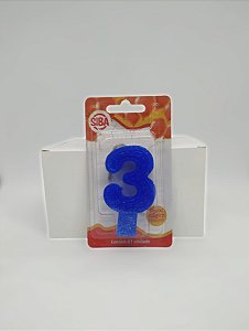 Vela de Aniversário Número 3 Plus Big Siba Cor Azul com Glitter no Atacado com 10 Unidades Preço de Fábrica.