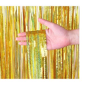 Cortina Decorativa De Fitas Franjas Metalizadas Holográficas Cor Dourado 1 Metro Largura x 2 Metros Altura EF0158H Unidade