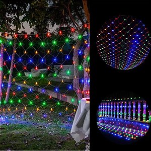 Pisca Pisca Natal Rede Chibrali Com 144 Leds Coloridos 8 Funções Fio Branco 1,5 Metro Altura x 1,3 Metro Largura 127V R.16125