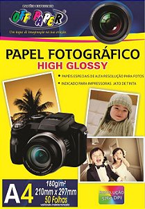 Papel Fotográfico High Glossy Off Paper Tamanho A4 ( 21cm x 29cm) Gramatura de 180 R.059 Pacote com 50 folhas