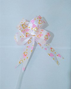 Laço Fácil Fantasia Branco Com Corações Rosa e Ouro 18mm (1,8cm x 34cm) R.254309 Unidade