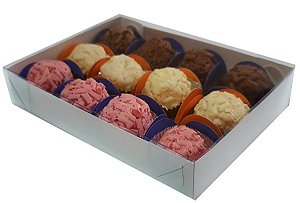 Caixa de Papel Branca Com Tampa De Acetato 12 Divisões Para Docinhos/Brigadeiros 16cm x 13cm x 3cm Unidade