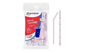 Canudo Plástico Flexível para Drink Coquetéis Strawplast Branco Listras Vermelhas R.cs304 Pacote Com 100