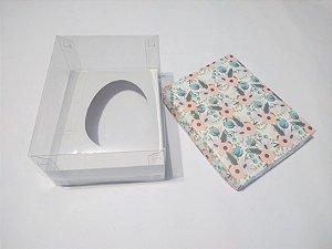 Caixa Para Ovo De Colher 350 Gramas Base Flores Rosa Salmão e Azul + Berço Branco + Tampa de Acetato Transparente 18cm x 14cm x 9cm R.cxdpasc21908 Unidade