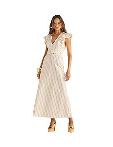 Vestido Longo Godê Com Cinto Listrado • Sommer Branco