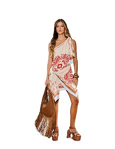 Vestido Curto Lenço Fit Estampado • Open Bege