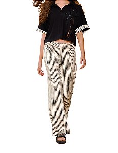 Calça Feminina Pantalona Listrada Em Malha • Open Branco