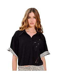 Polo Feminina Detalhe Linho Com Bordado • Open Preto