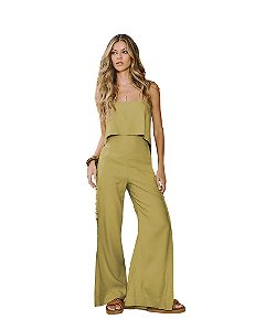 Macacão Pantalona De Linho Com Argolas Laterais • Open Verde