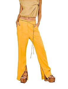 Calça Feminina Alfaiataria De Linho Com Fenda • Open Amarelo