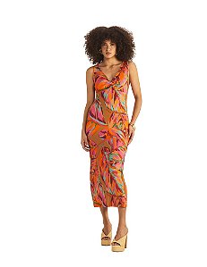 Vestido Slim Decote V Estampado • Sommer Laranja