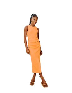 Vestido Midi Slim Drapeado Canelado • Open Laranja