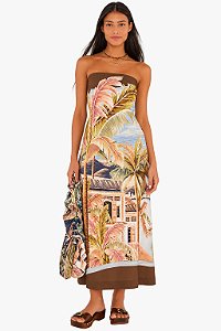 Vestido Farm Longo Sem Alca Lenço Rio Paraiso Marrom
