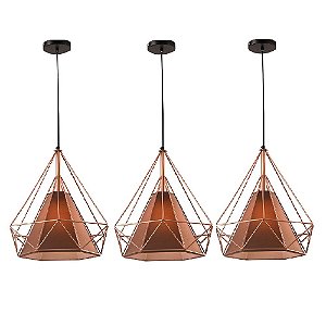 Kit c/ 3 Pendente Aramado Piramidal Cobre/Rose Gold c/ Tecido Café 25cm Design Estilo Industrial