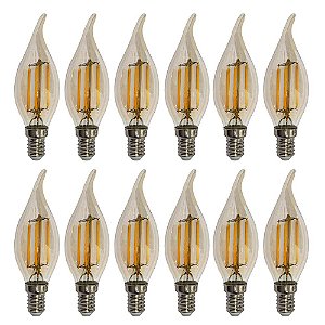 Kit 12 Lâmpadas Filamento Led Vela Bico Torto Âmbar 4W E14 2700K Bivolt