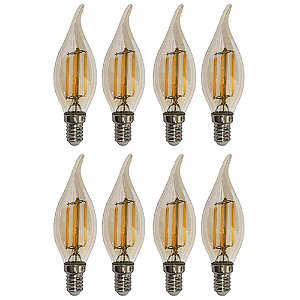 Kit 8 Lâmpadas Filamento Led Vela Bico Torto Âmbar 4W E14 2700K Bivolt