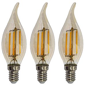 Kit 3 Lâmpadas Filamento Led Vela Bico Torto Âmbar 4W E14 2700K Bivolt