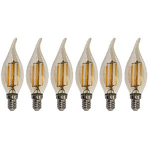Kit 6 Lâmpadas Filamento Led Vela Bico Torto Âmbar 4W E14 2700K Bivolt