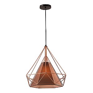 Pendente Aramado Piramidal Cobre/Rose Gold c/ Tecido Café 38cm Design Estilo Industrial