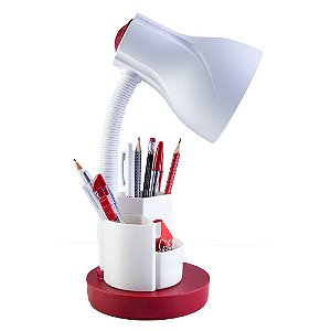 Luminária de Mesa Estudo Escritório Home Office com Porta Lápis Caneta Vermelha