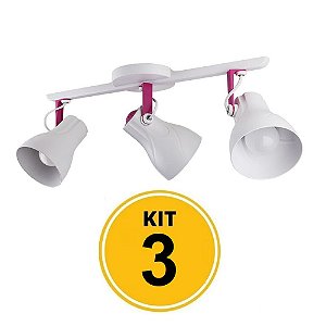 Kit 3 Spot Trilho Octa Plus Branco Detalhe Rosa Pink 3xE27