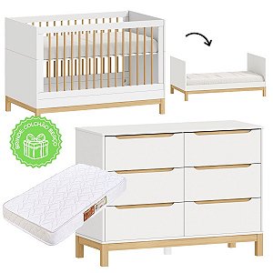 Conjunto - Berço Cozy 2 em 1 + Cômoda Cozy - Branco Com Carvalho