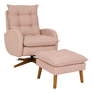 Poltrona De Amamentação Clarisse - Com Balanço e Giro - Com Puff Palito - PB606 - Bouclê Rosa