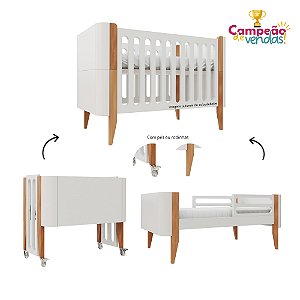 Berço Bo Palitado - 3 em 1 - Branco/Jequitibá - prontaentrega