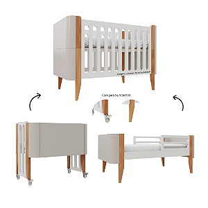 Berço Bo Palitado - 3 em 1 - Cinza/Branco/Jequitibá