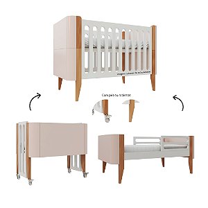Berço Bo Palitado - 3 em 1 - Rosa Old/Branco/Jequitibá