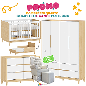 Quarto Completo - Tomi - Berço + Cômoda 6 Gavetas + Roupeiro 4 Portas - Branco Com Carvalho