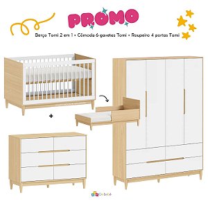 Quarto Completo Tomi - Berço 2 Em 1 + Cômoda 6 Gavetas + Roupeiro 4 Portas - Branco Com Carvalho