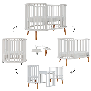 Berço Sonhos Redondo / Oval - 4 em 1 - Branco / Jequitiba - prontaentrega