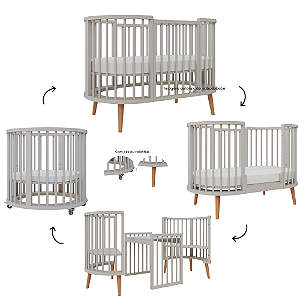 Berço Sonhos Redondo / Oval - 4 em 1 - Cinza / Jequitiba