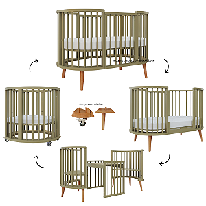 Berço Sonhos Redondo / Oval - 4 em 1 - Verde Cacto / Jequitiba