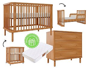 Conjunto - Berço Evolutivo 3 em 1 Joy + Cômoda Joy - Madeira Jequitibá - BRINDE: Colchão De Berço