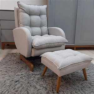 Poltrona De Amamentação Clarisse - Com Balanço - Pé Aranha - Com Puff Pé Palito - TA510 - Linho Cinza