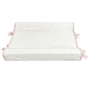Trocador Anatômico - Tricot Branco / Trama Losango - Com Bordinhas E Laço Em Rosa Pastel