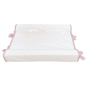Trocador Anatômico - Tricot Branco / Trama Losango - Com Bordinhas E Laço Em Rosa M.Dolce - prontaentrega