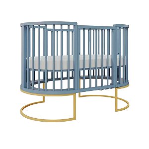 Berço Sonhos Redondo / Oval - 4 em 1 - Azul Sereno / Pés Metálicos Dourado