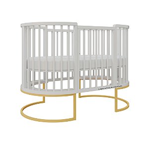 Berço Sonhos Redondo / Oval - 4 em 1 - Branco / Pés Metálicos Dourado