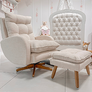 Poltrona De Amamentação Clarisse - Com Balanço e Giro - Com Puff Pé Palito - TM702 - Linho Bege Natural - prontaentrega
