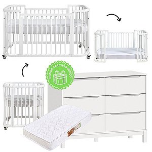 Conjunto - Berço Evolutivo 3 em 1 Sleep + Cômoda Cozy - Branco - BRINDE: Colchões De Berço e Mini Berço