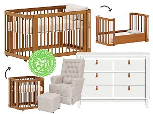 Combo Cromo - Berço 3 em 1 Nogueira + Cômoda Cromo 6 Gavetas Com Couro - BRINDE: Poltrona Sonhos com Puff e Balanço: Tecido Linho Bege