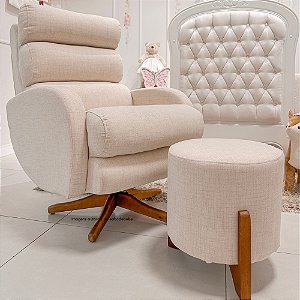Poltrona De Amamentação Mayla - Com Balanço e Giro - Com Puff Mayla - Linho Bege - TM702 - prontaentrega