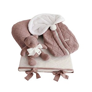 Kit Primeiros Momentos - 4 Peças - Tricot / Trama Losango - Rosa Amaralina